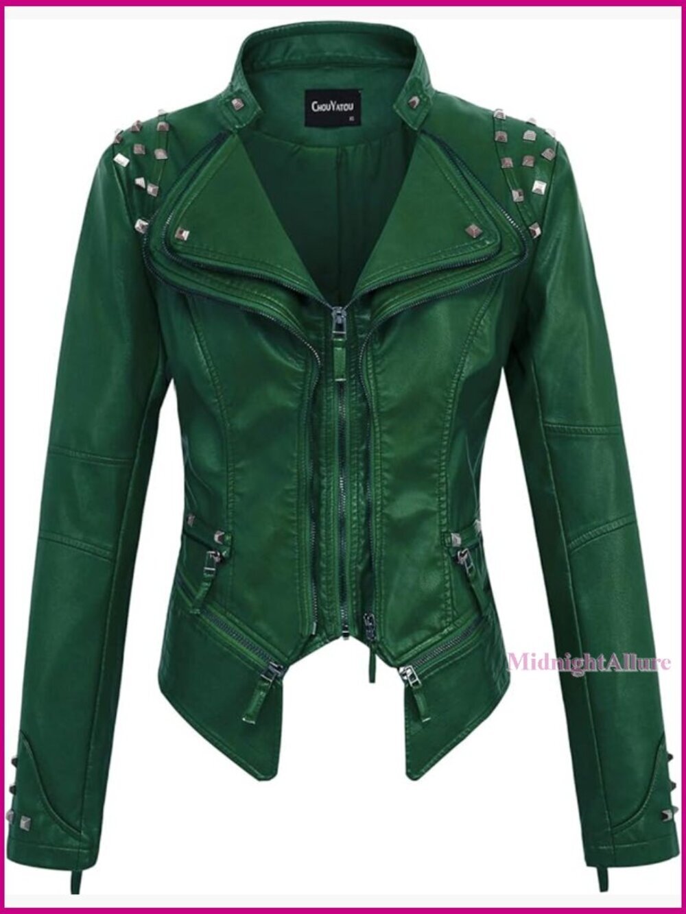 Faux Leather Biker Jacket Studded Rivets Detachable Hem Slim Fit